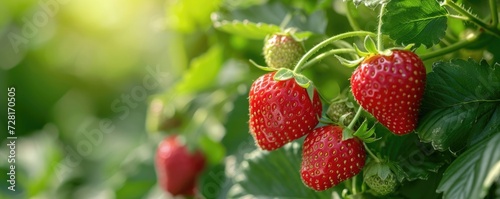 Close-up of strawberries on branch with dew drops