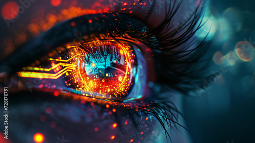 Cybernetic Futuristic Eye Double Exposure with Neon Circuit Patterns