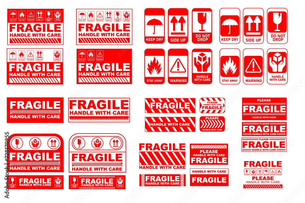 Vector illustration of Fragile, Handle with Care or Package Label stickers set. Red and white colour set. Vector illustration of Fragile, Handle with Care or Package Label stickers set. Red and white colour set.