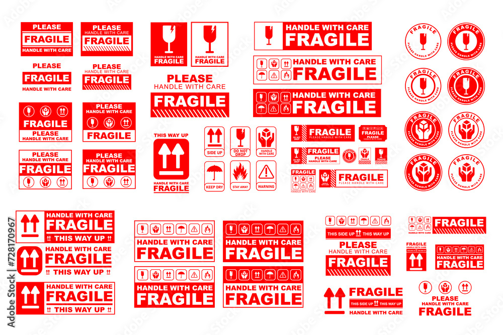 Vector illustration of Fragile, Handle with Care or Package Label stickers set. Red and white colour set.