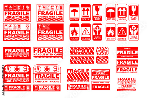 Vector illustration of Fragile, Handle with Care or Package Label stickers set. Red and white colour set. photo