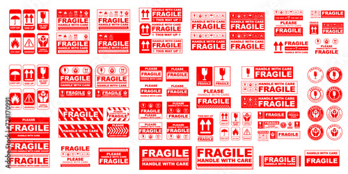Vector illustration of Fragile, Handle with Care or Package Label stickers set. Red and white colour set.