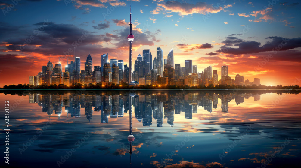 Obraz premium Cityscape wallpaper. City 4K wallpaper backdrop 16:9 aspect ratio. City and water reflections. Symmetrical reflections. Panoramic skyline. Sunrise and sunset.