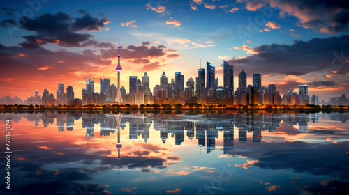 City wallpaper. Cityscape 4K wallpaper backdrop 16:9 aspect ratio. City and water reflections. Symmetrical reflections. Panoramic skyline. Sunrise and sunset.