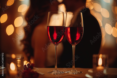 Red wine glasses with blurred a lovely couple at background