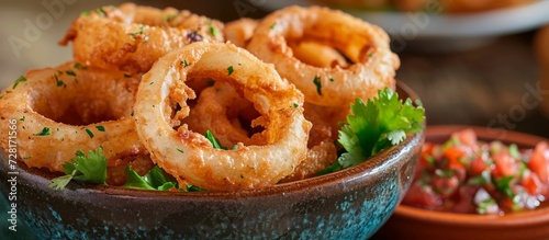 Deliciously Deep-Fried Crispy Onion Rings with Savory Salsa Dip: A Tempting Twist on the Classic Deep-Fried Crispy Onion Rings