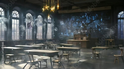 A wizard classroom with a magical and quiet atmosphere. Scenes of magic in the classroom hall. Magical and fantasy-themed seamless looping animation backgrounds photo