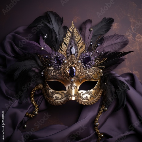 Golden masquerade lace mask with purple sparkling diamonds and black feathers on purple background,space for text, top view