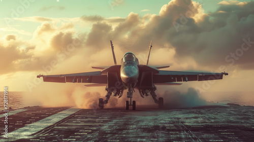 An Fighter Jet lands aboard an aircraft carrier. photo