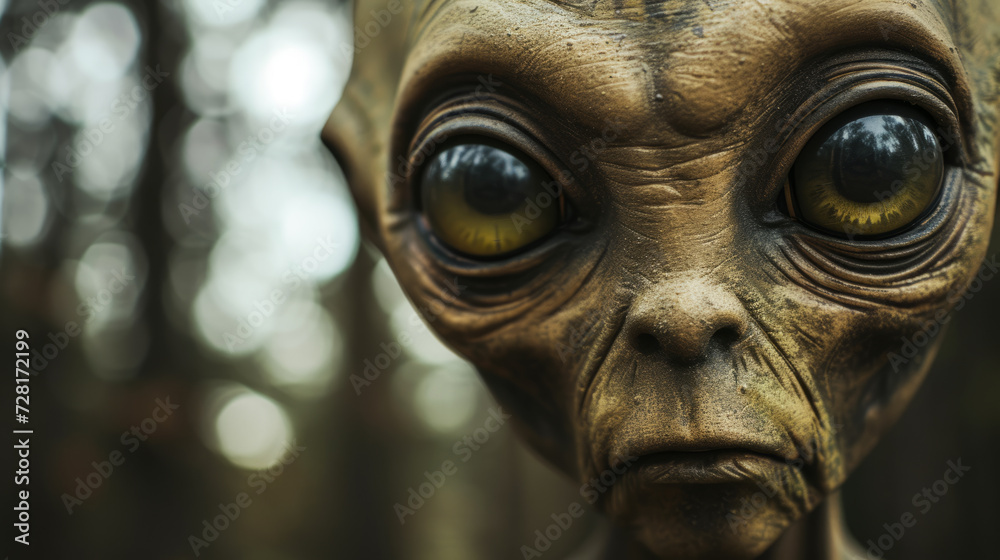 Alien with big eyes from outer space hiding in the forest.