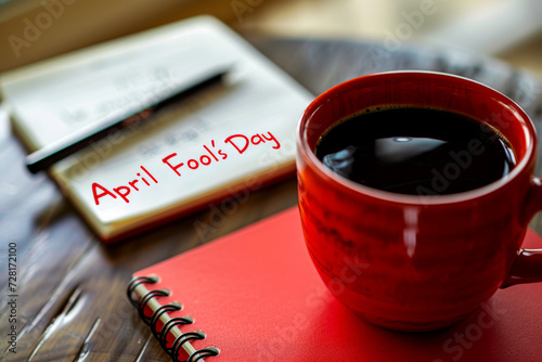April fool's day with coffee red mug background .Ai generative