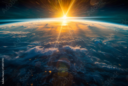 sun shining behind the earth from space. Generative AI