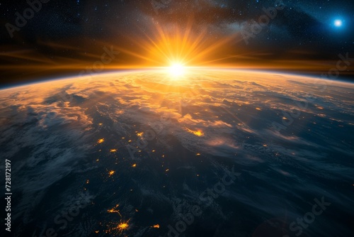 sun shining behind the earth from space. Generative AI photo