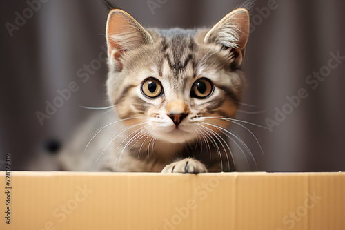 Curious Kitten Peeking Out of a Cardboard Box © marishatti