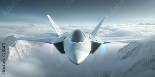 Gaming header concept. White fighter jet flying over snowy mountains.