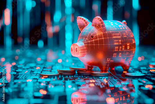 piggy bank money coins saving in futuristic background , financial investment and budget concept, . generative ai photo