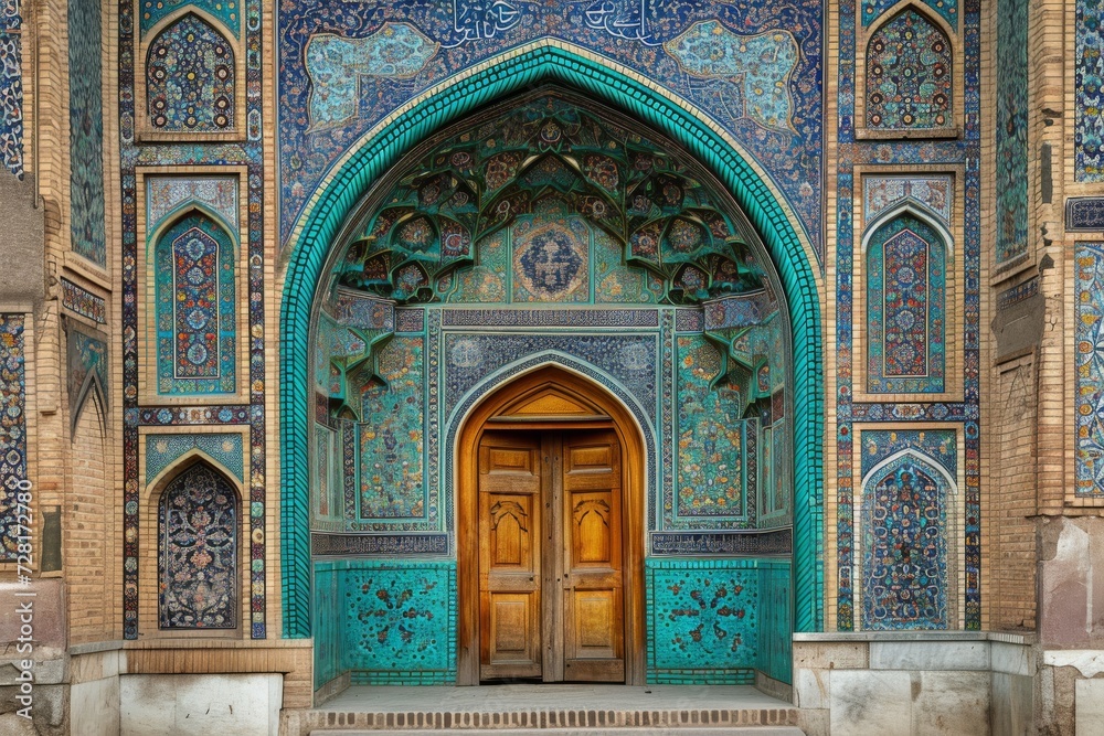a wooden door on a detailed blue wall surface of a mosque