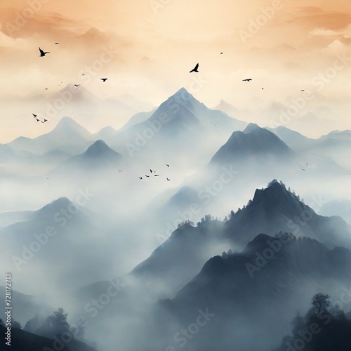 silhouette of fog mountains and flying birds. background for poster, banner, web, social media. ai generative design photo