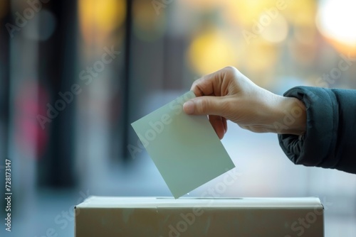 Person voting in election by inserting ballot into box © InfiniteStudio