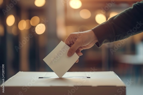 Person voting in election by inserting ballot into box