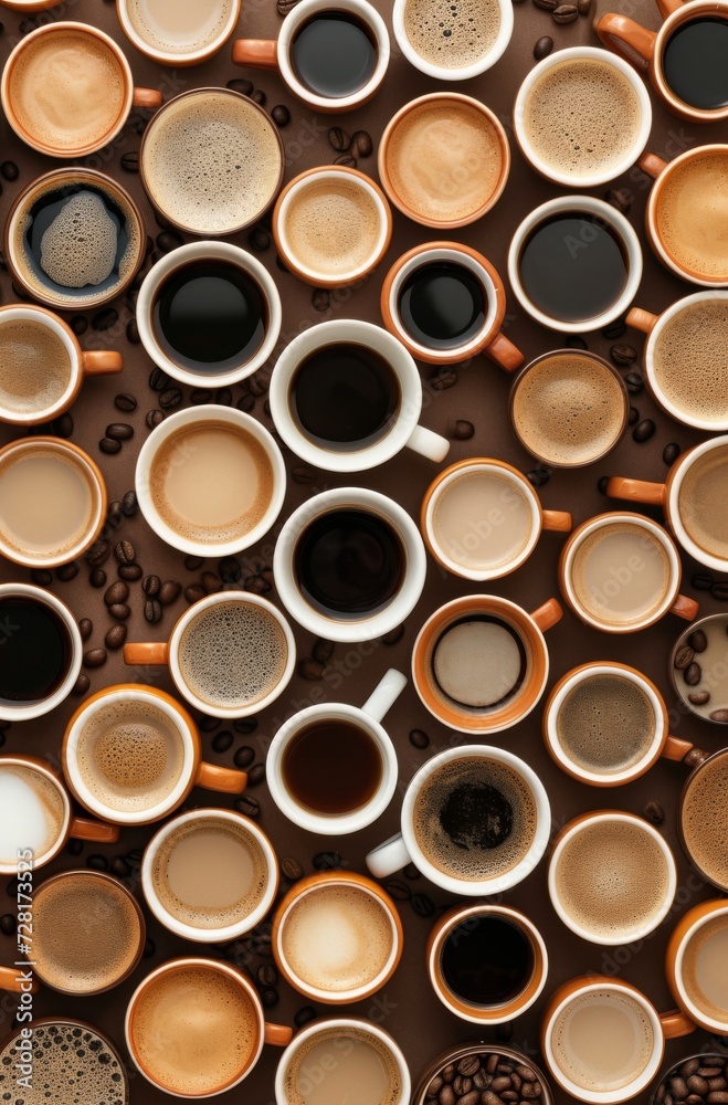 an array of coffee cups on a brown background an array of coffee cups on a brown background
