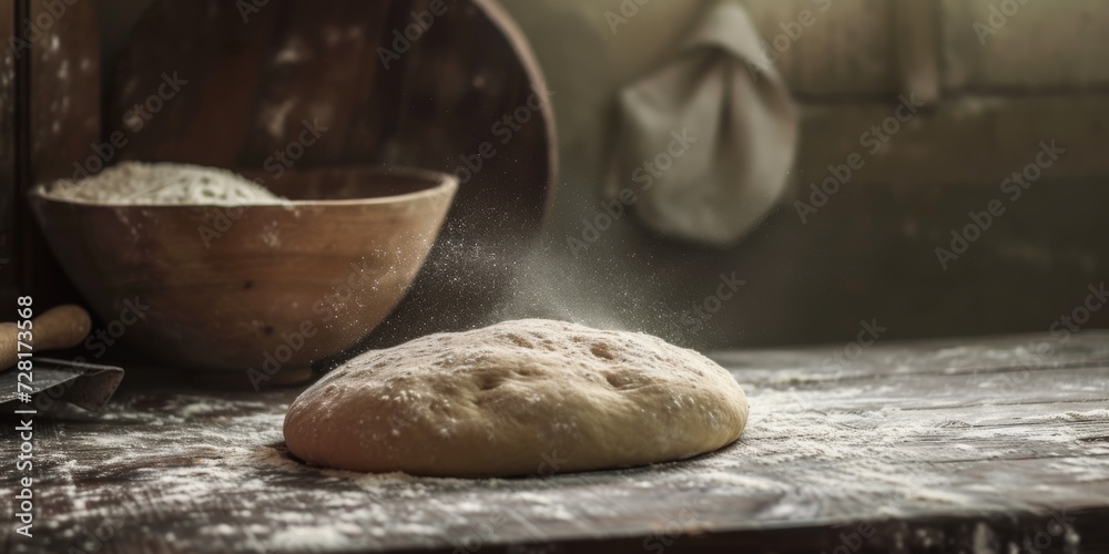 Dough on wooden board, rolling pin, flour on table Dough on wooden board, rolling pin, flour on table