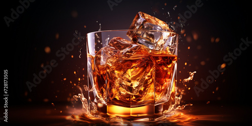 Whiskey in glass with ice cubes on black background