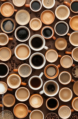 an array of coffee cups on a brown background