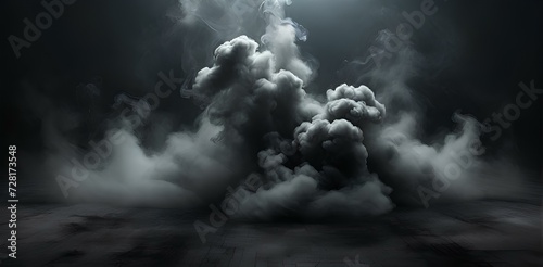 Smoke black ground fog cloud floor mist background steam dust dark white horror overlay. photo