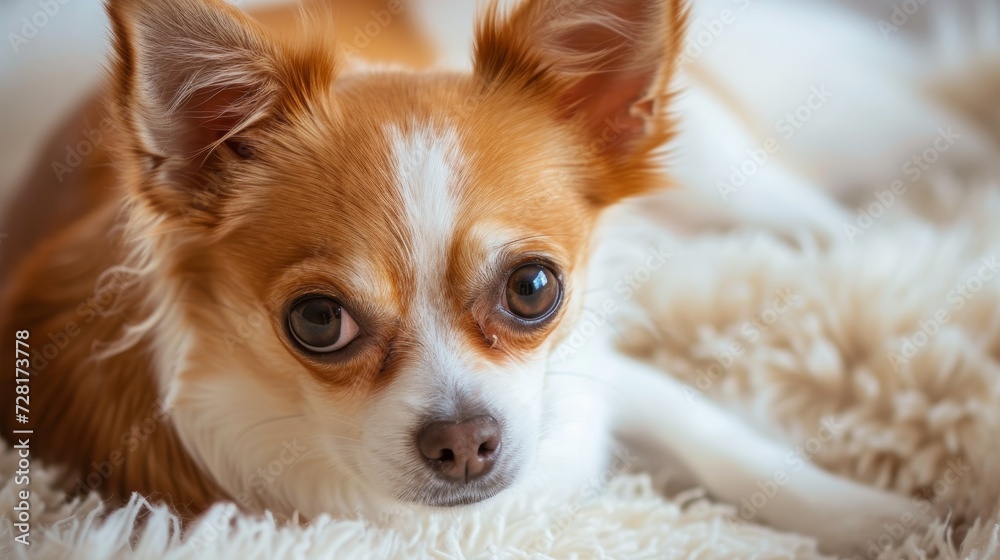 Close-up of a small dog with brown and white fur, its expressive eyes shining, Ai Generated.