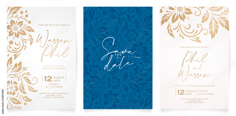 three wedding invitation cards with gold and blue floral designs ornament for Stationery, Layouts, collages, scene designs, event flyer, Holiday celebrations cards papers printing covers, golden foils three wedding invitation cards with gold and blue floral designs ornament for Stationery, Layouts, collages, scene designs, event flyer, Holiday celebrations cards papers printing covers, golden foils