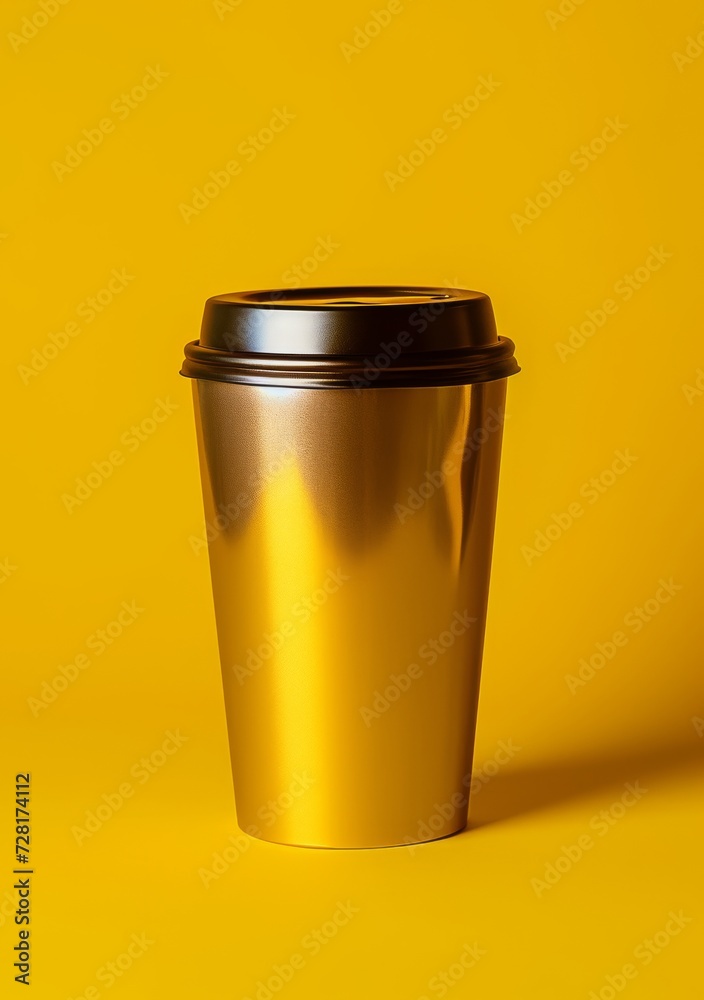 gold cup with black lid over yellow background gold cup with black lid over yellow background