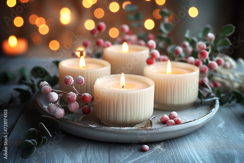 Handmade modern advent wreath with candles christmas. 