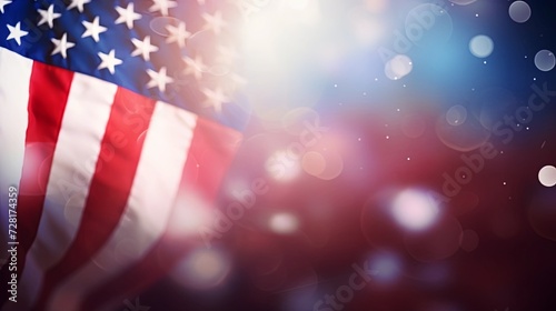 Flag american on blur defocused light bokeh background. 4th of July USA Independence Day. Mockup presentation. advertisement. copy text space.
