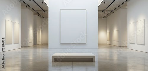 A contemporary art gallery with a single, large empty frame, strikingly illuminated by a sharp spotlight, set against a backdrop of clean, white walls. photo