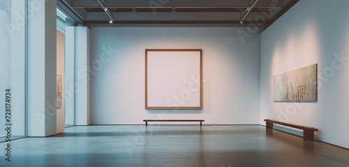 A contemporary art gallery with a solitary empty frame, against a backdrop of minimalist design.