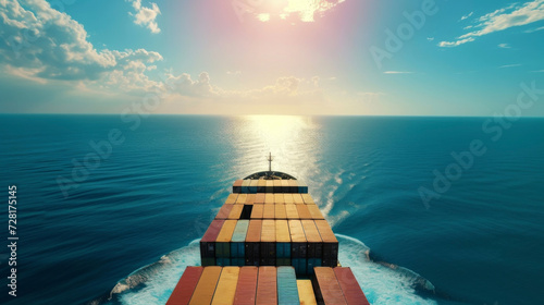 A blue ocean stretches out before a cargo ship illustrating the need for insurance coverage no matter the destination or type of goods being transported. photo