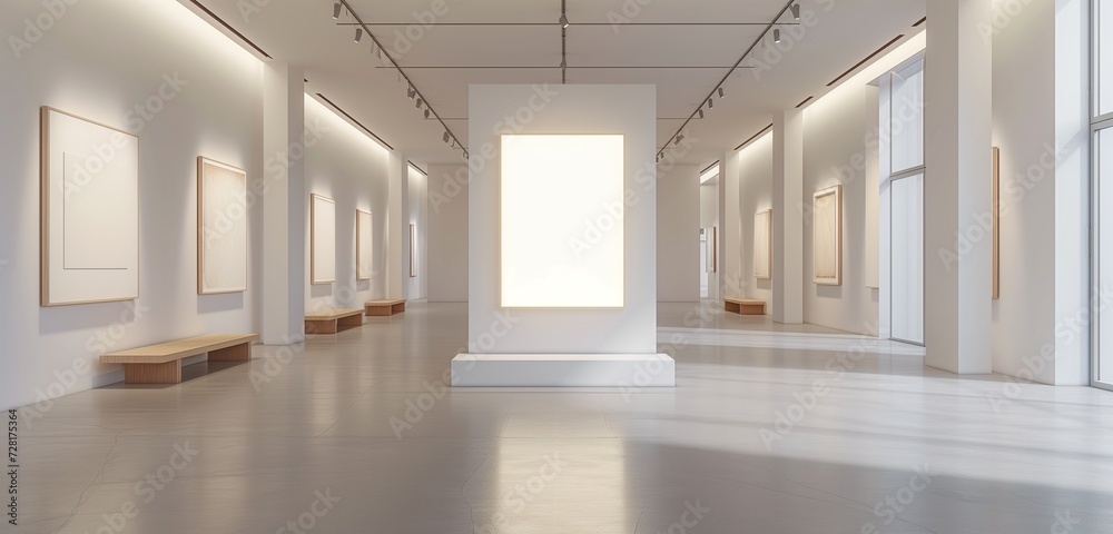 A high-tech art gallery with a sleek, minimalist aesthetic, featuring one empty frame in the spotlight, creating a focal point in the otherwise empty space. A high-tech art gallery with a sleek, minimalist aesthetic, featuring one empty frame in the spotlight, creating a focal point in the otherwise empty space.
