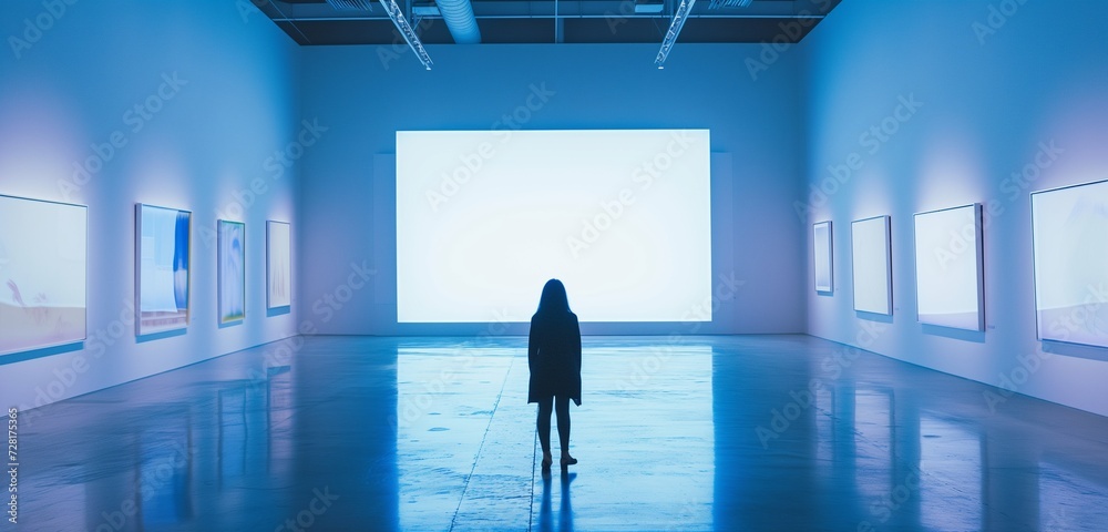 A high-tech art gallery with a single, oversized empty frame.