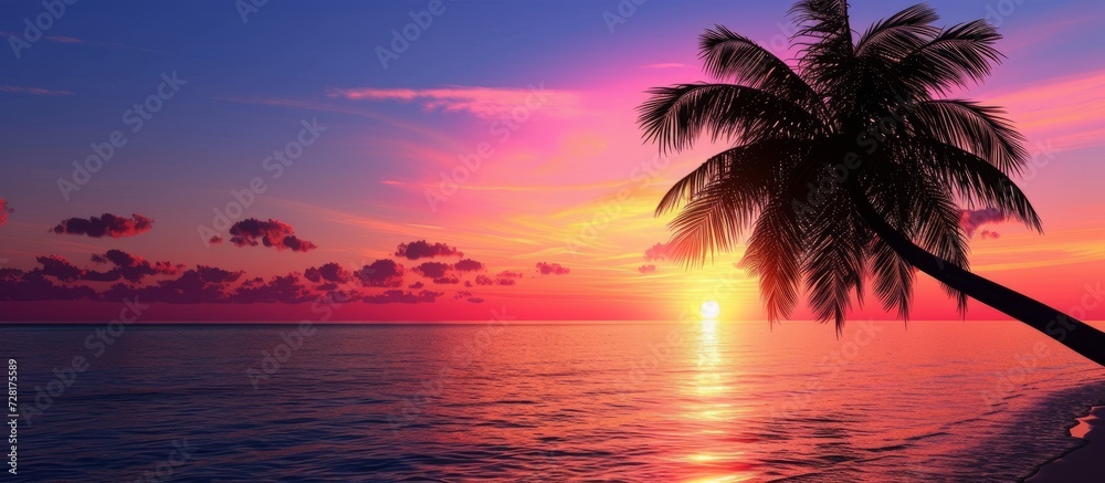Majestic Sunset Silhouette: A Majestic Dusk with the Serene Silhouette of a Coconut Tree Against the Vibrant Colors of the Sunset
