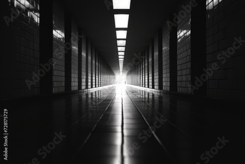 a hallway with closed shop on the side in black and white
