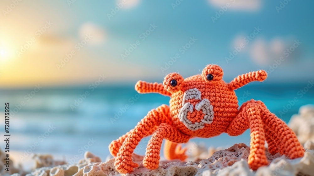 Naklejka premium Crocheted crab toy vibrant backdrop, handcrafted and adorable, Ai Generated