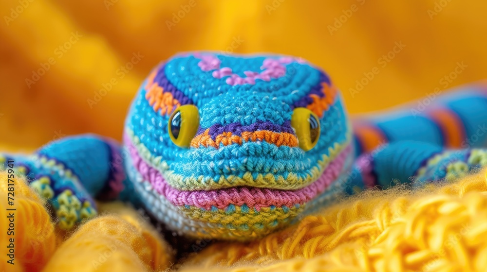 Crocheted eel toy vibrant backdrop, handcrafted and adorable, Ai Generated
