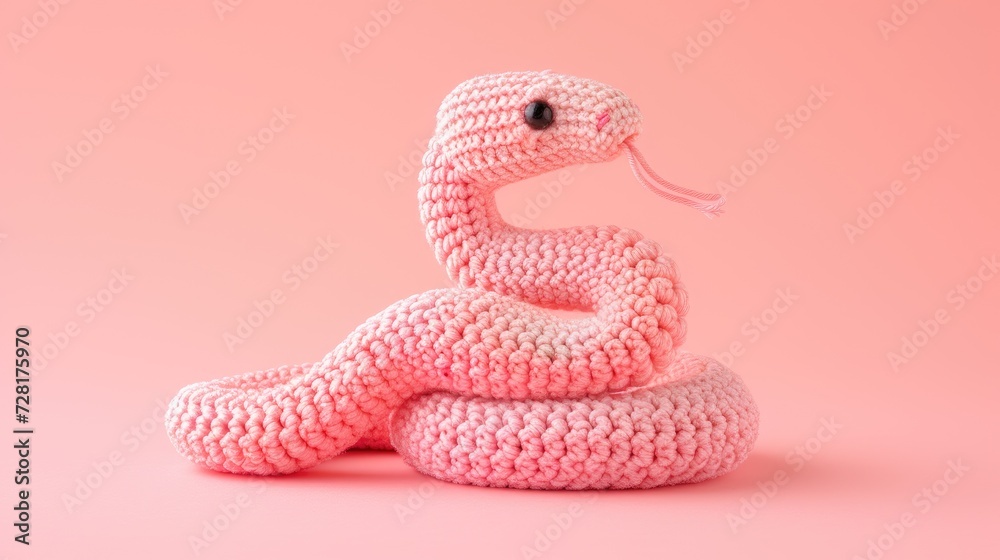 Fototapeta premium Crocheted snake toy vibrant backdrop, handcrafted and adorable, Ai Generated