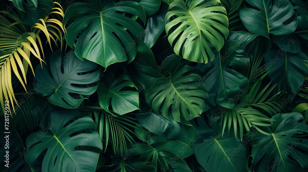 Group background of dark green tropical leaves ( monstera, palm, coconut leaf, fern, palm leaf,bananaleaf) background. concept of nature