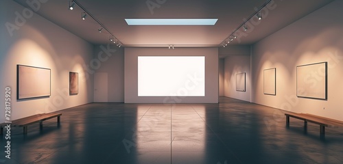 A sleek, modern art gallery with pristine white walls and a single empty frame in the center, illuminated by a focused spotlight, casting dramatic shadows. photo