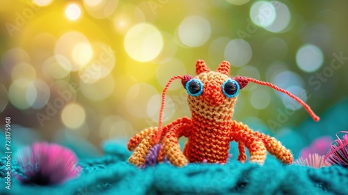Crocheted Shrimp toy vibrant backdrop, handcrafted and adorable, Ai Generated