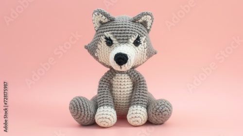 Crocheted wolf toy vibrant backdrop, handcrafted and adorable, Ai Generated © Crazy Juke