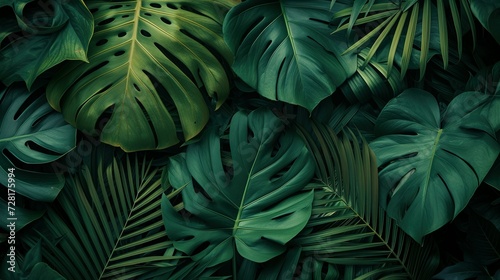 Group background of dark green tropical leaves ( monstera, palm, coconut leaf, fern, palm leaf,bananaleaf) background. concept of nature © Jennifer
