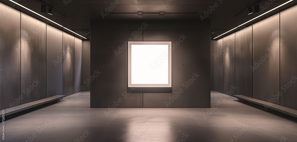 A sophisticated art gallery with a minimalist design, featuring a solitary empty frame against a backdrop of dark, matte walls. A sophisticated art gallery with a minimalist design, featuring a solitary empty frame against a backdrop of dark, matte walls.